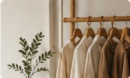 A thoughtfully arranged rail of neutral clothing beside a green plant.