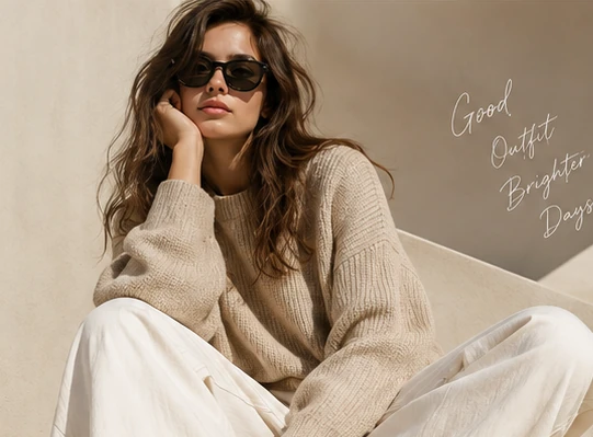 A relaxed outfit with a cream knit sweater and light trousers.