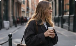 濃い色の上着にショルダーバッグを合わせ、コーヒーを持つ街の装いのイメージ