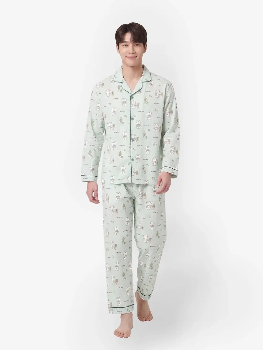 パジャマパンツ:グリーンLのボトムス単品